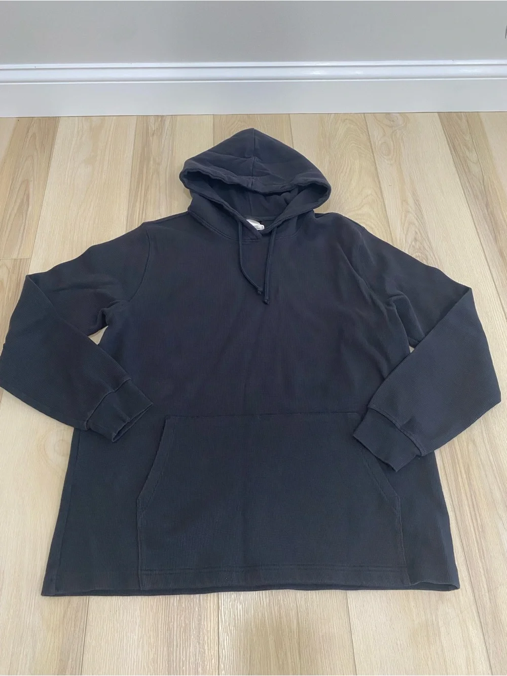 The North Face Mens XL Black Waffle Knit Thermal Pullover Hoodie Kangaroo Pocket